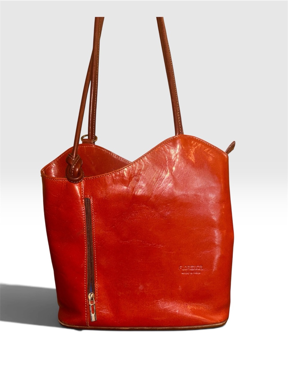 Vera Pelle Made in Italy Burnt Orange Leather Shoulder Tote and backpack